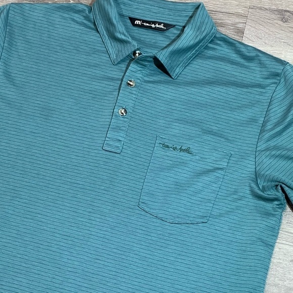 Travis Mathew Medium Knit Stripe Stretch Fitted Polo Shirt Front Pocket - Picture 8 of 9